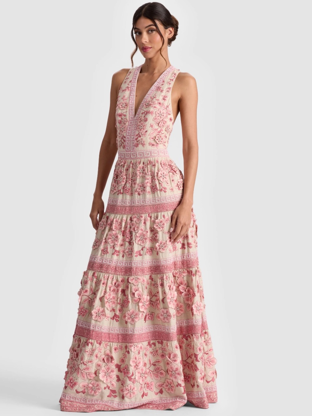 Alice + Olivia Pink and Cream Floral V‑Neck Tiered Maxi Dress